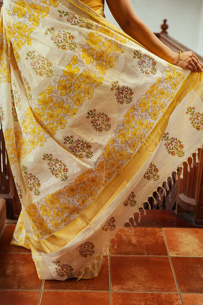 Gold Tissue Yellow Floral Print 3 Inch Saree