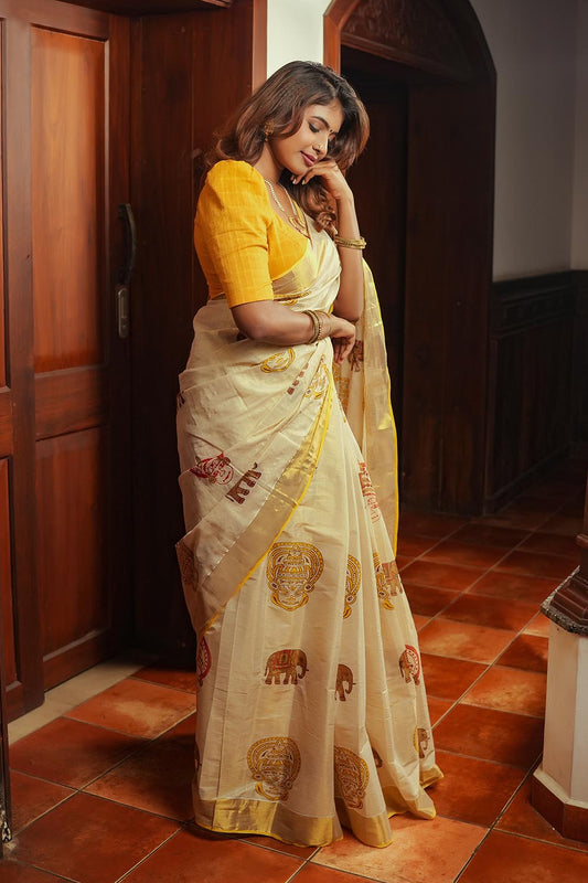 Golden Tissue 3 Inch Gold Border & Gaja Kathakali Print Saree