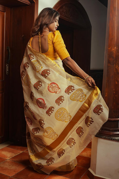 Golden Tissue 3 Inch Gold Border & Gaja Kathakali Print Saree
