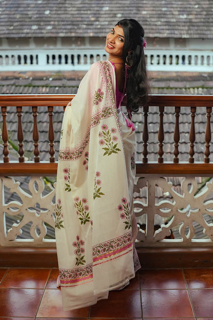 Offwhite Puliyilakara Pink Border & Floral Print Saree