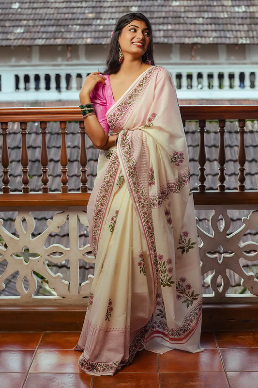 Offwhite Puliyilakara Pink Border & Floral Print Saree
