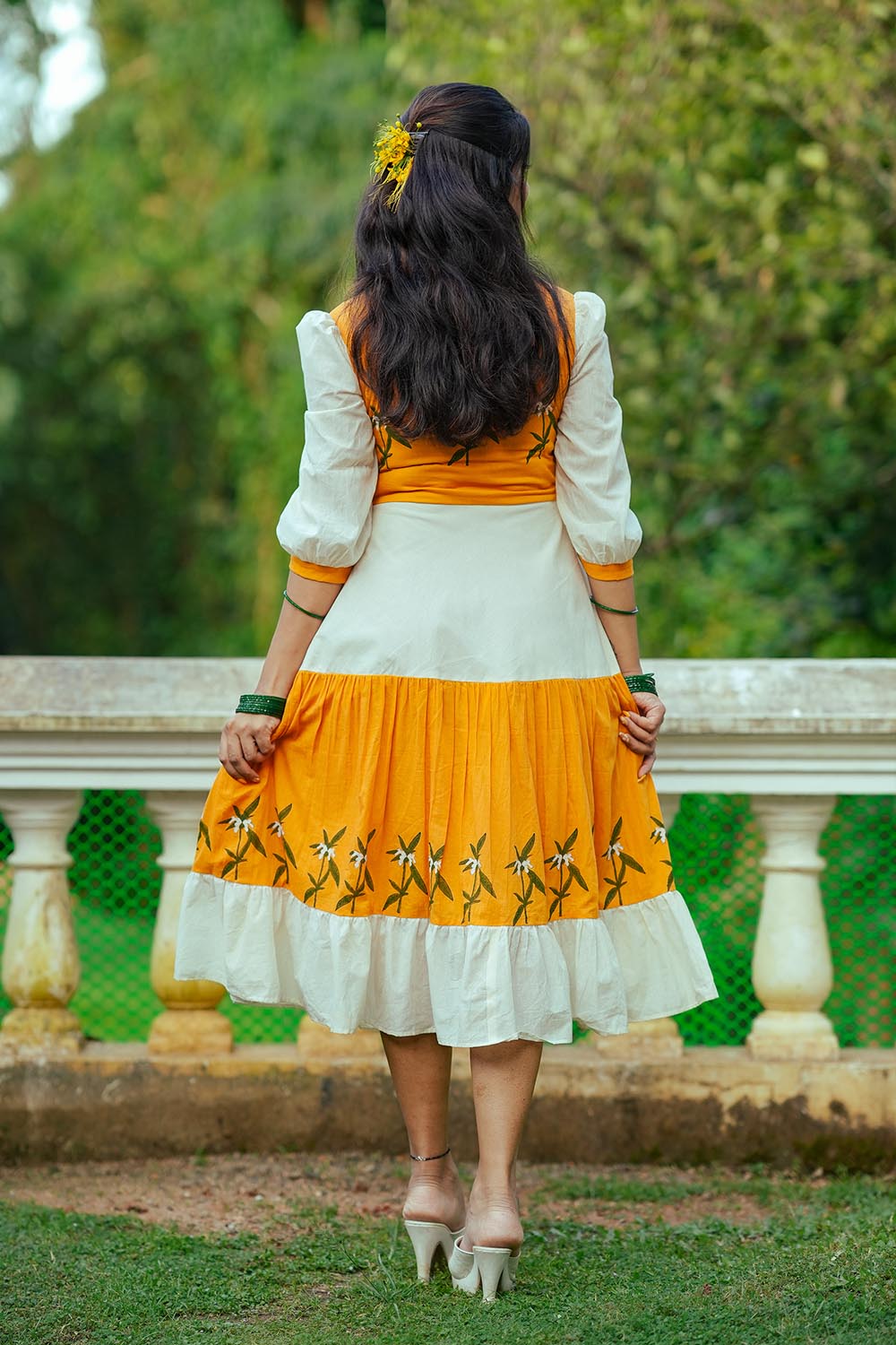 Offwhite & Yellow Gathered Thumba Print Dress