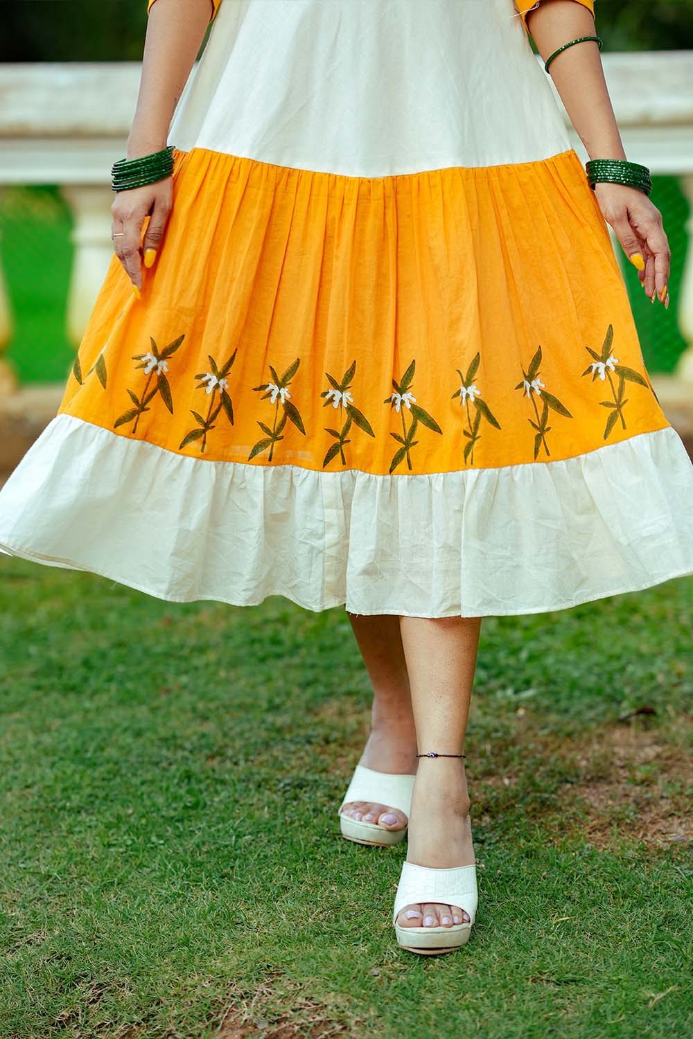 Offwhite & Yellow Gathered Thumba Print Dress