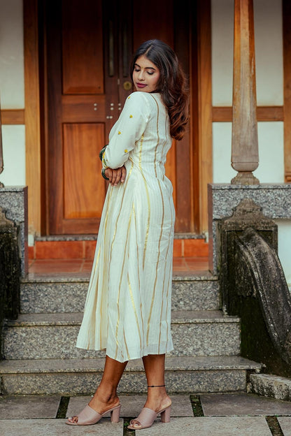Offwhite Handloom Yellow Flower Handpainted Dress