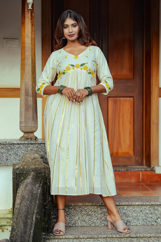Offwhite Handloom Aliacut Yellow Flower Handblock Print Dress