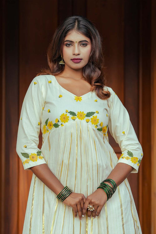 Offwhite Handloom Aliacut Yellow Flower Handblock Print Dress