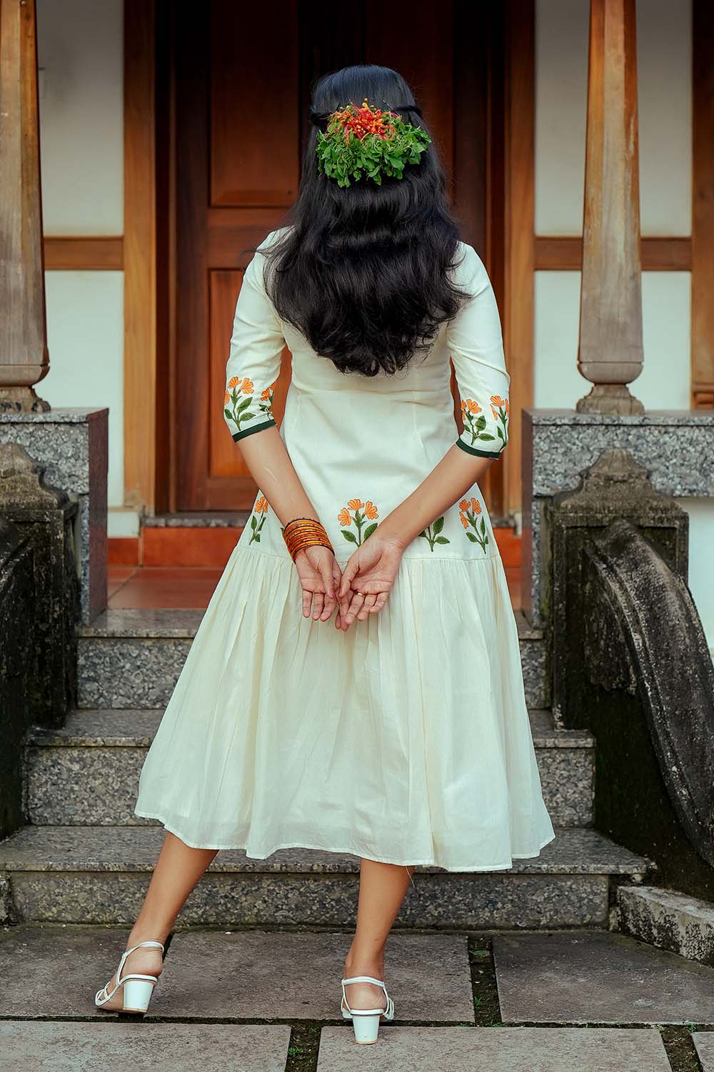 Offwhite Kanakambaram Handblock Print Dress
