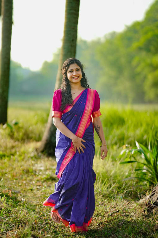 Royal Blue And Rani Pink Gadwal Cotton Saree