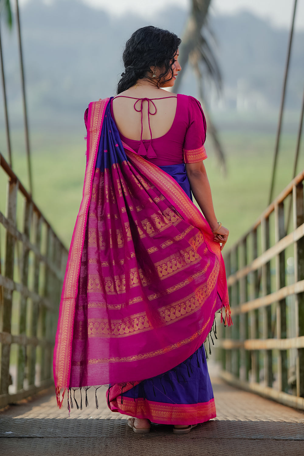 Royal Blue  & Rani Pink Kalyani Cotton Saree