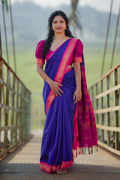 Royal Blue  & Rani Pink Kalyani Cotton Saree