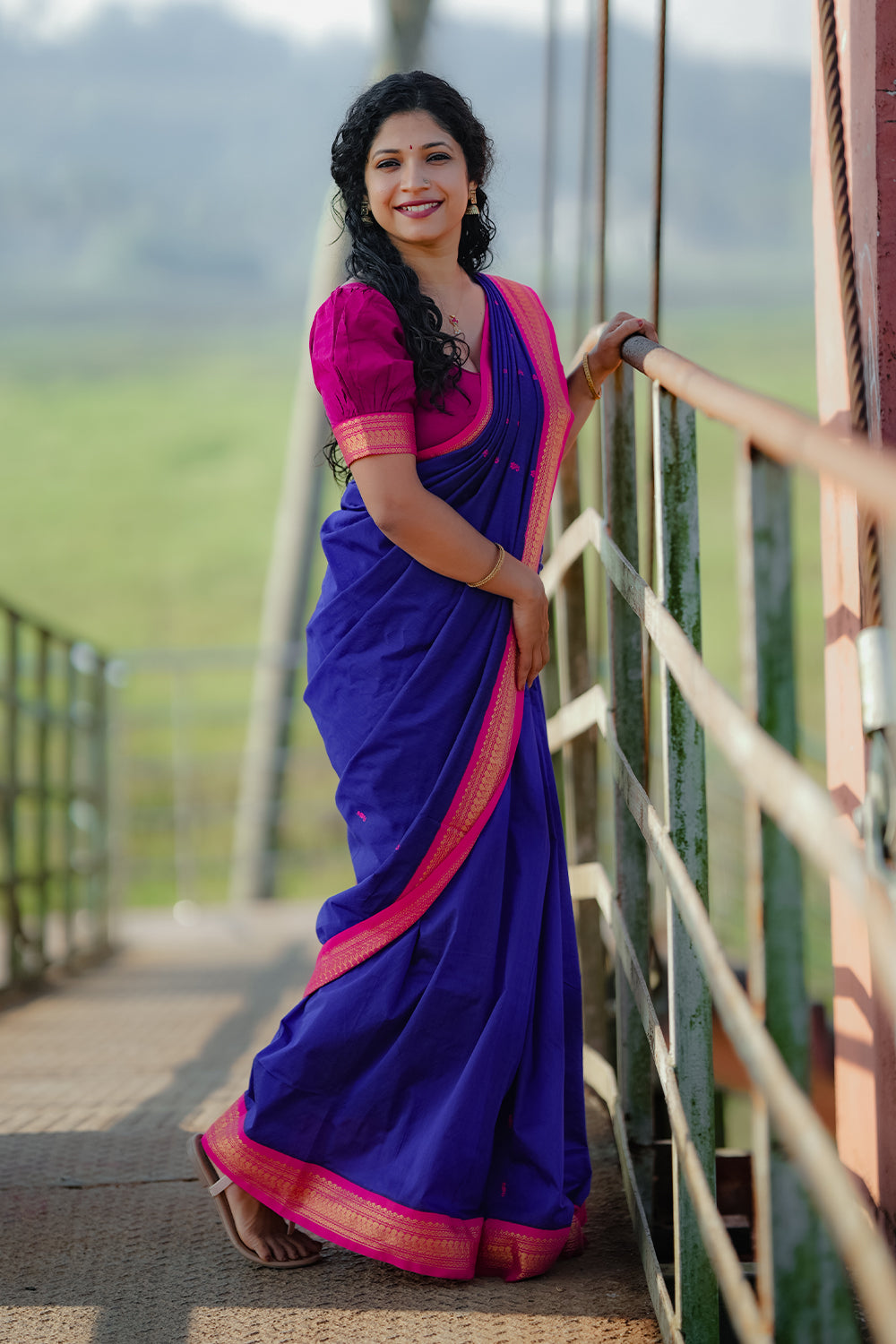 Royal Blue  & Rani Pink Kalyani Cotton Saree