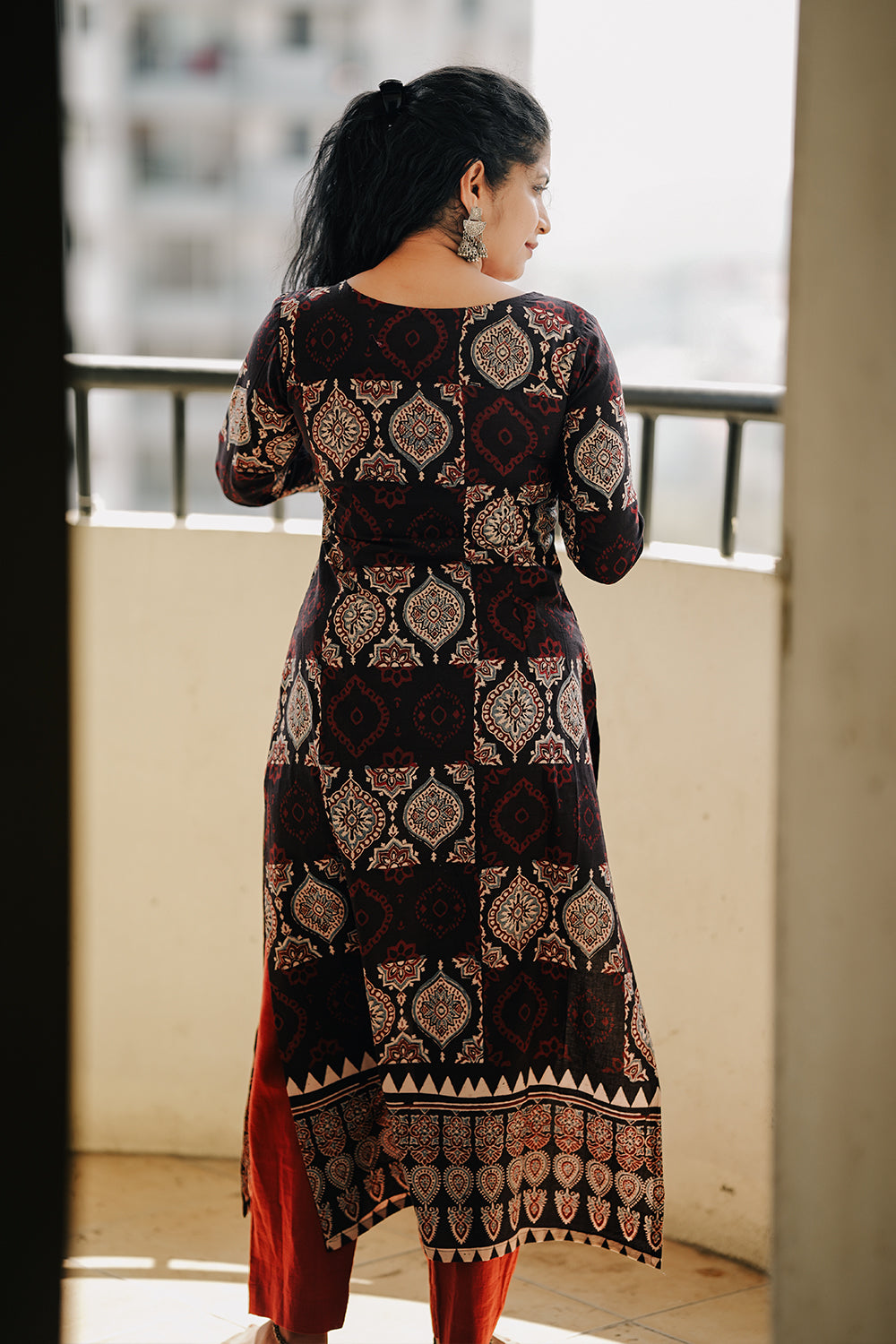 Black Ajrakh Slitted Kurthi with Embroidery Yoke