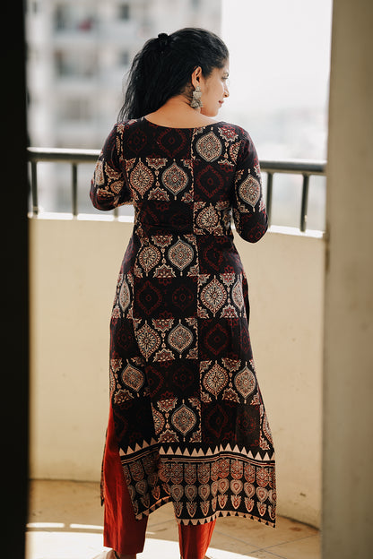 Black Ajrakh Slitted Kurthi with Embroidery Yoke