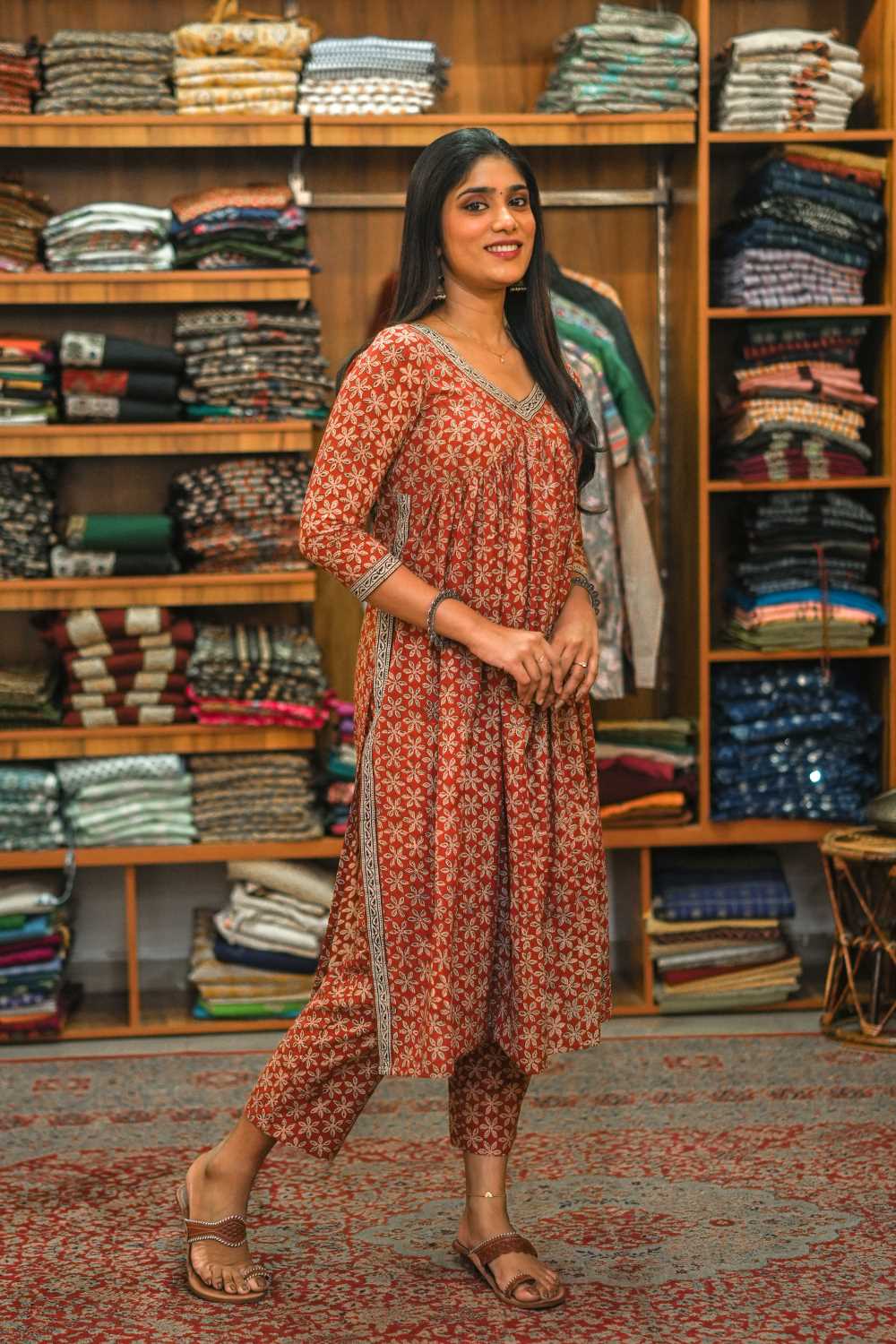 Red Bagru Printed  Slitted Alia Cut Co ordset