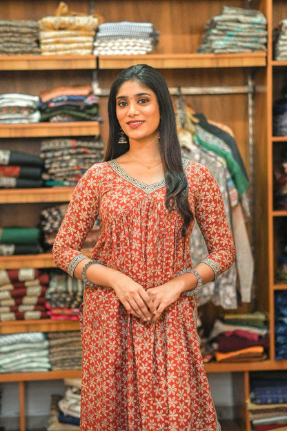 Red Bagru Printed  Slitted Alia Cut Co ordset