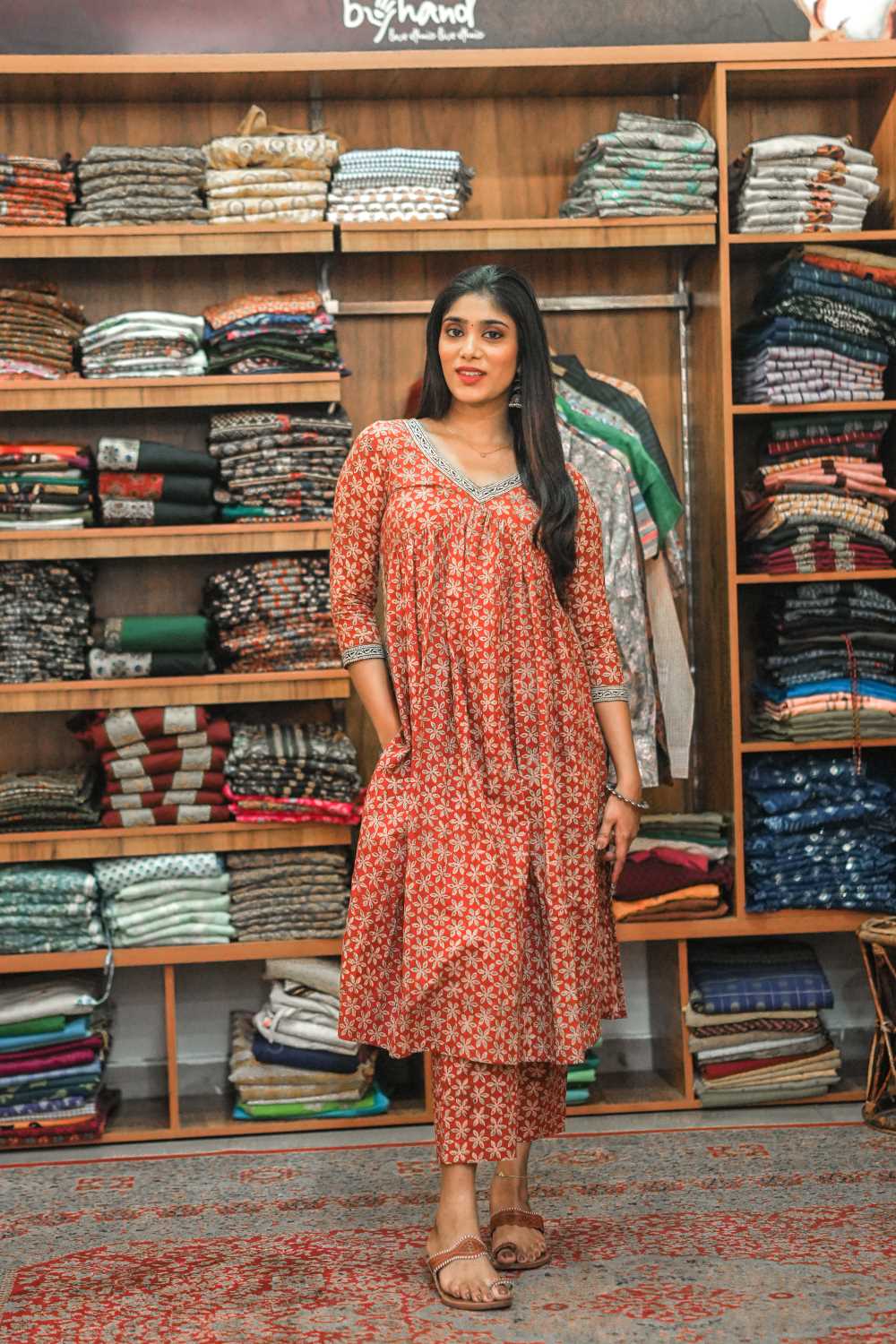 Red Bagru Printed  Slitted Alia Cut Co ordset