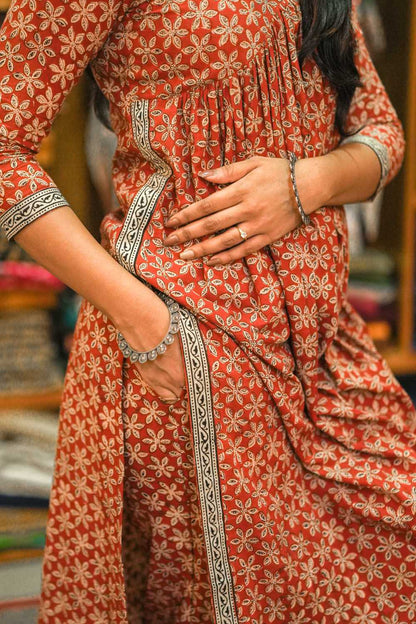 Red Bagru Printed  Slitted Alia Cut Co ordset