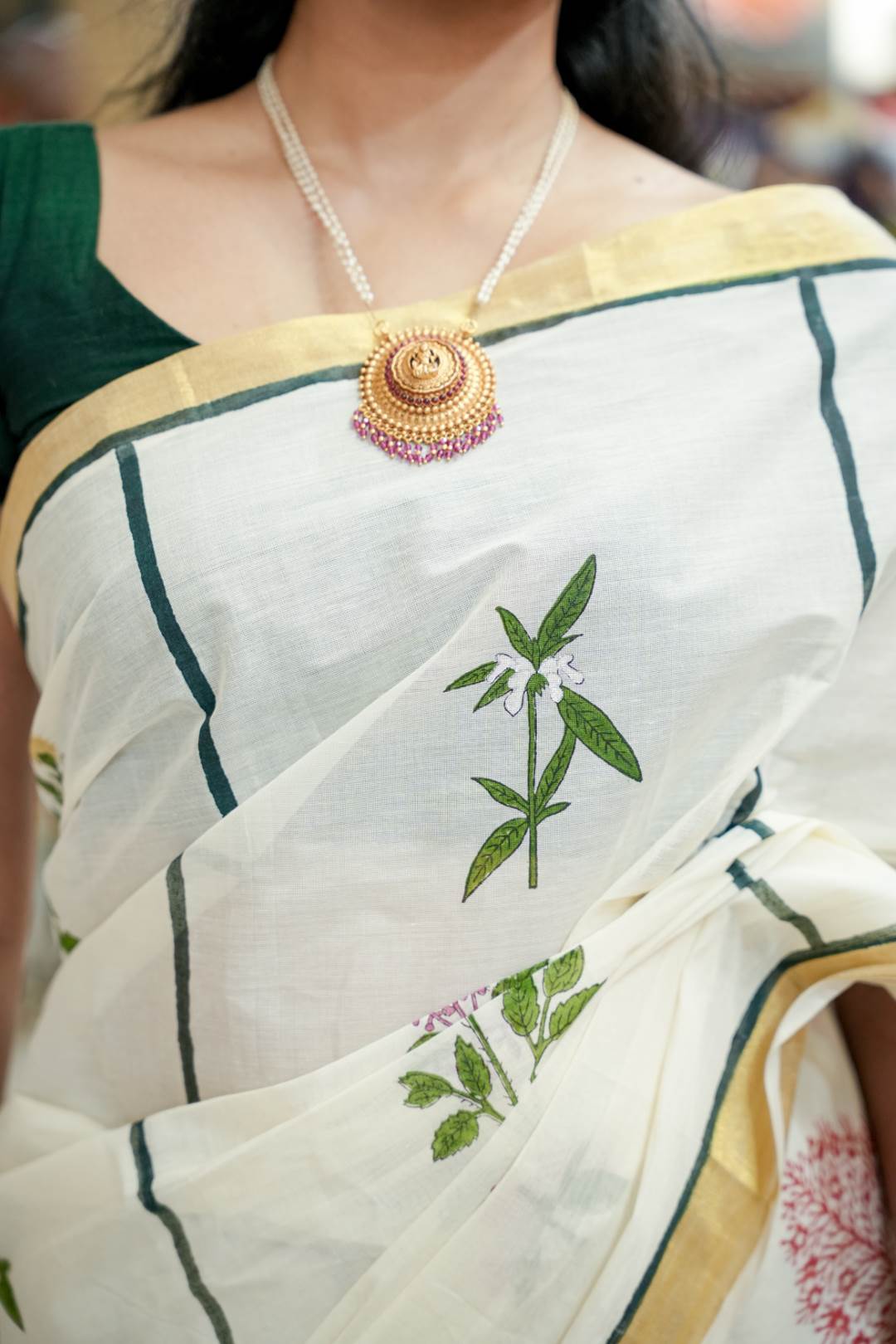 Offwhite Saree with Block Printed Dashapushppam