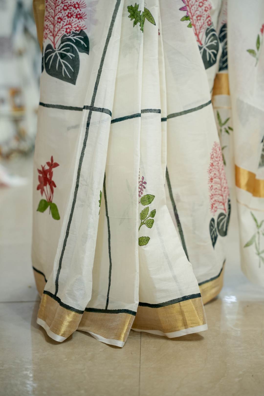 Offwhite Saree with Block Printed Dashapushppam