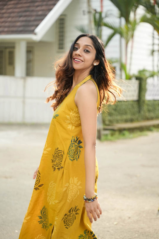 Yellow Base Green Rose Halter Neck A line Dress