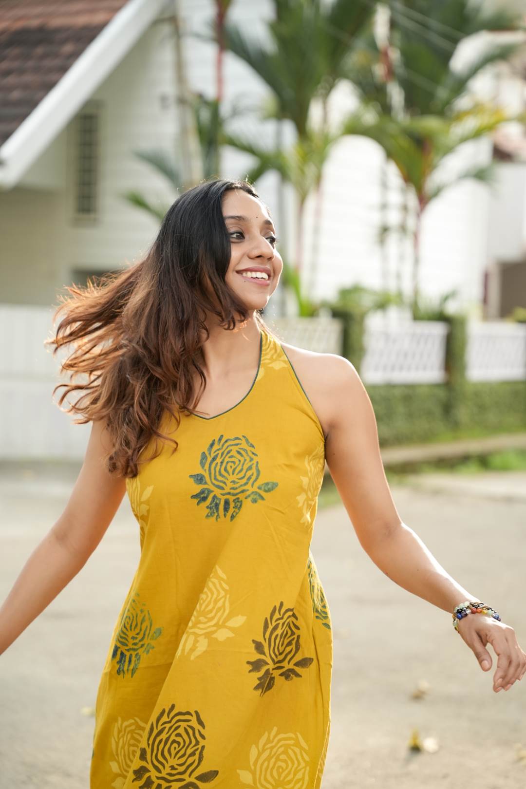 Yellow Base Green Rose Halter Neck A line Dress