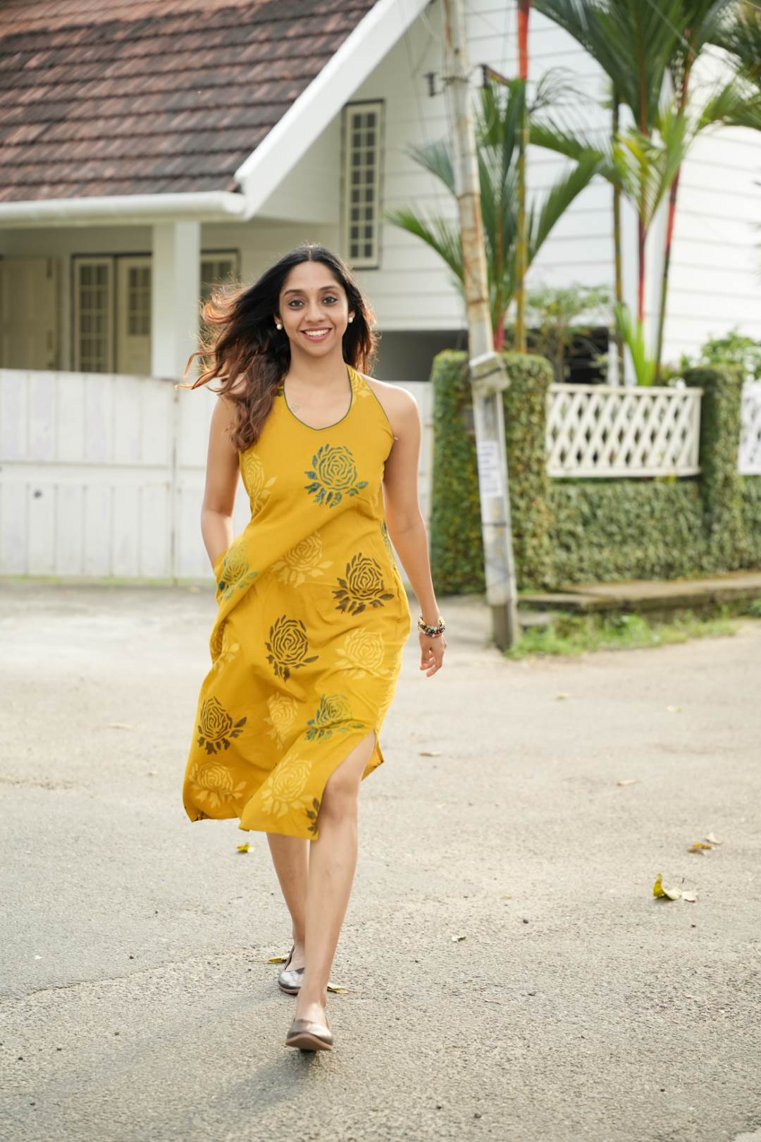 Yellow Base Green Rose Halter Neck A line Dress