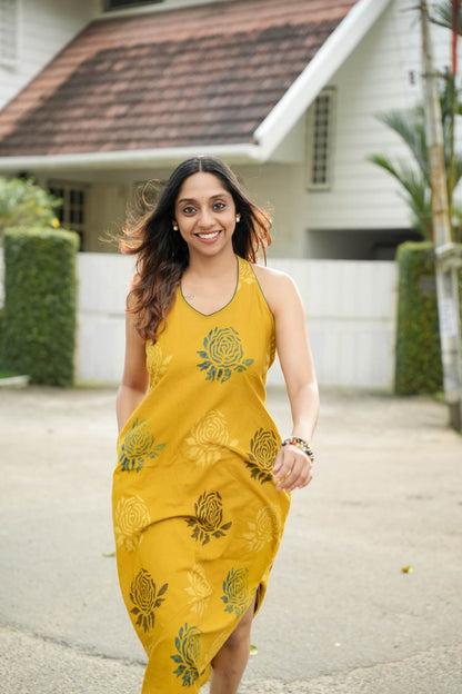 Yellow Base Green Rose Halter Neck A line Dress