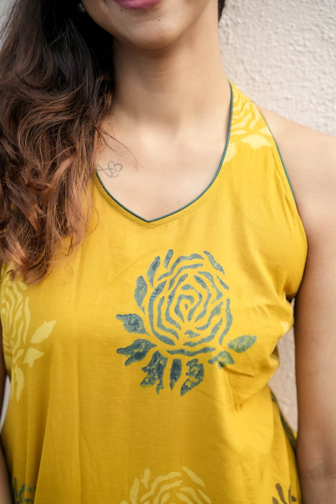 Yellow Base Green Rose Halter Neck A line Dress