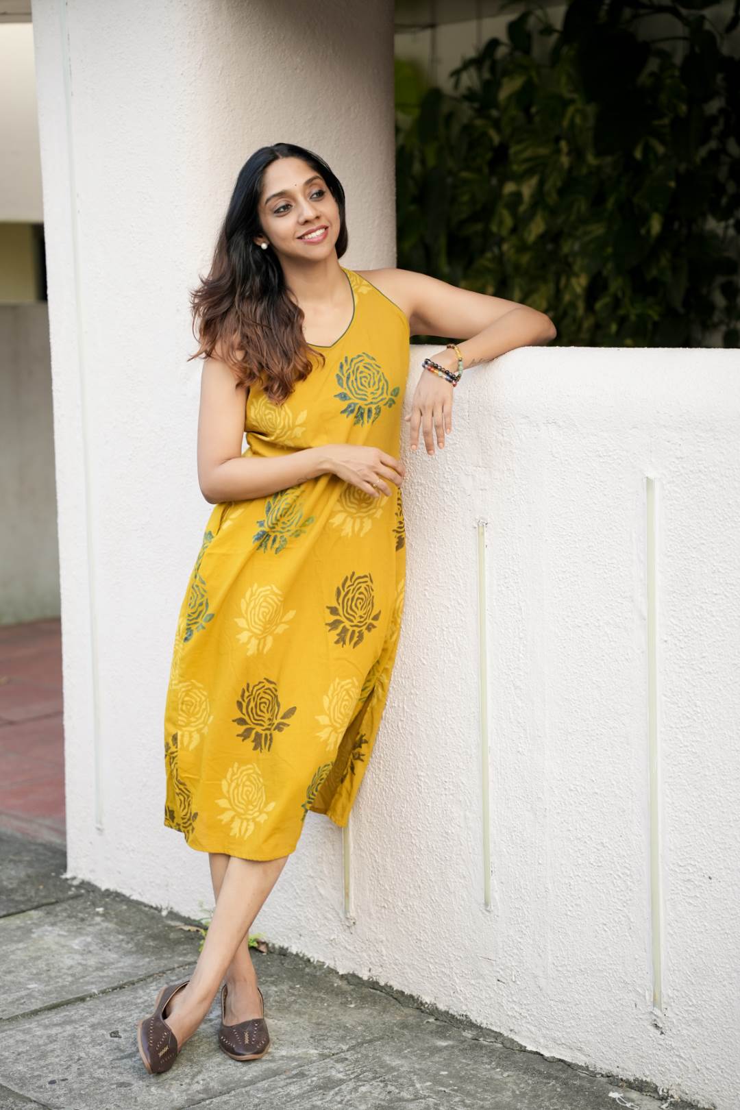 Yellow Base Green Rose Halter Neck A line Dress