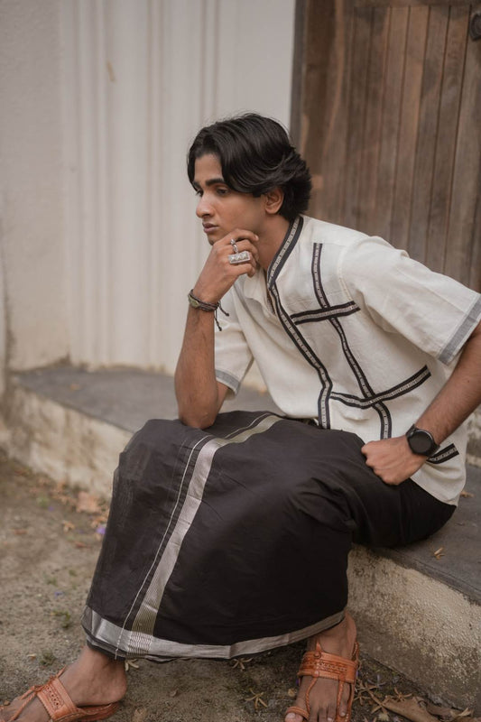 Offwhite Handloom Cotton Half Check Pattern Shirt