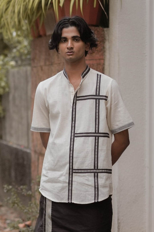 Offwhite Handloom Cotton Half Check Pattern Shirt