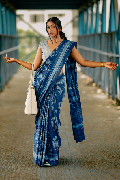 Mul Mul Indigo Big Floral Saree