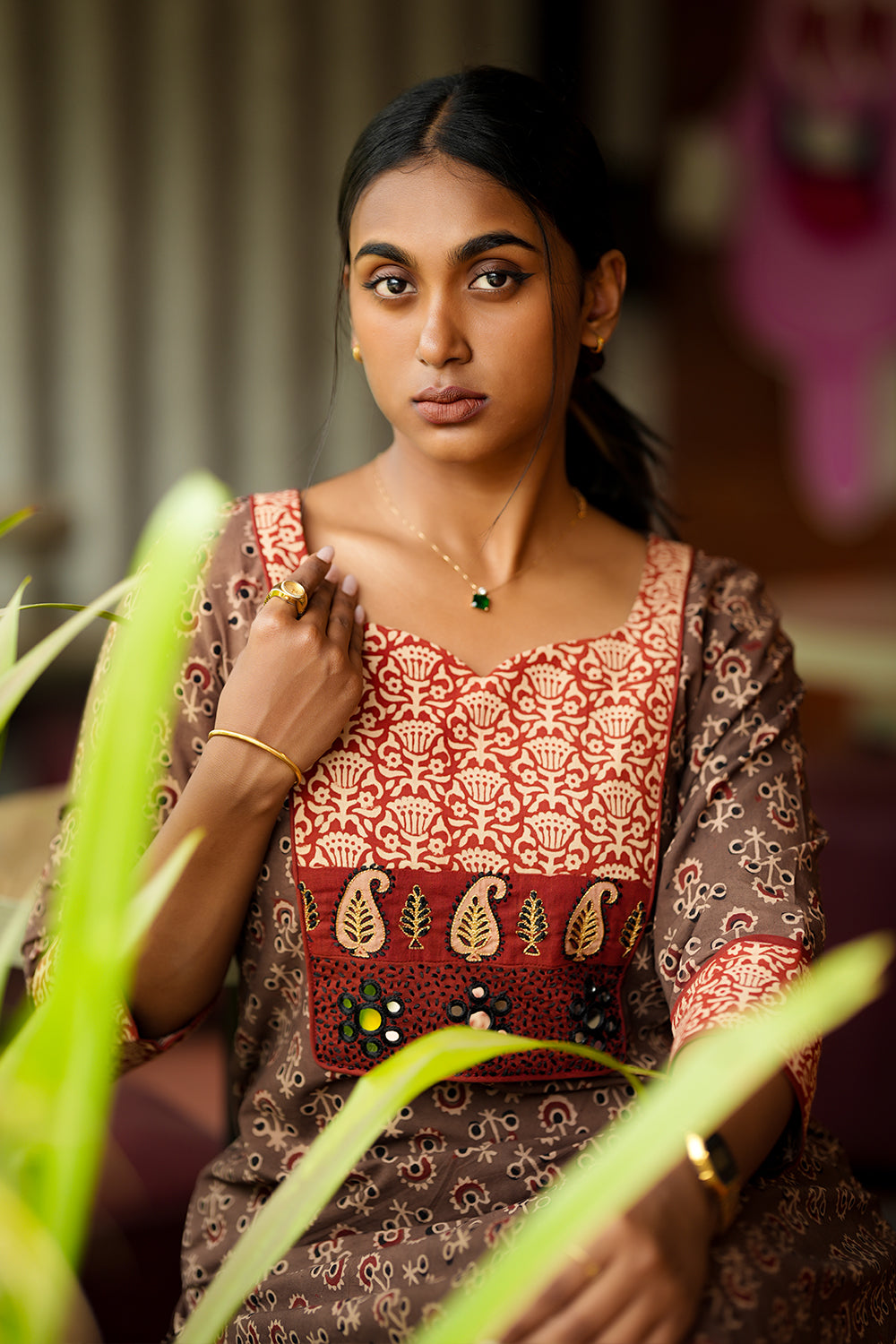 Brown Ajrakh Slited Kurthi with Red Embroidery Yoke