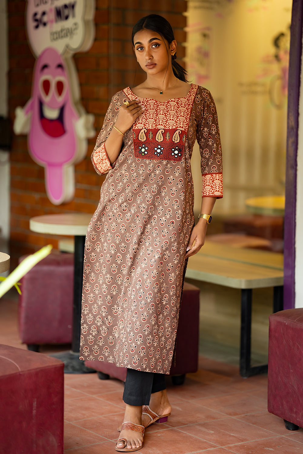 Brown Ajrakh Slited Kurthi with Red Embroidery Yoke