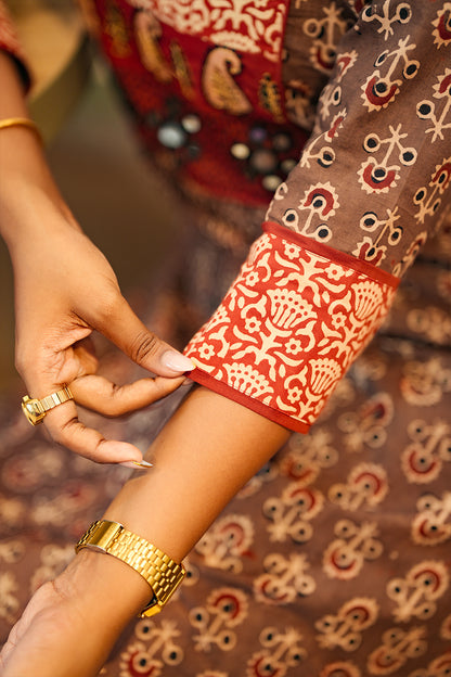 Brown Ajrakh Slited Kurthi with Red Embroidery Yoke