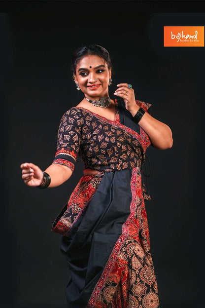 Red & Black Angrakha Ajrakh Blouse,Skirt & Dupatta