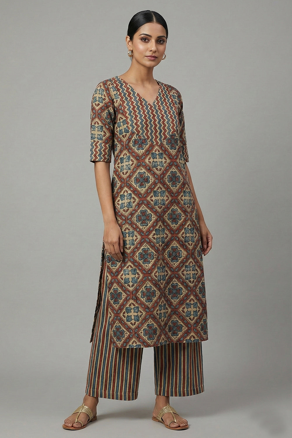 Cream Ajrakh Zigzag Kurti