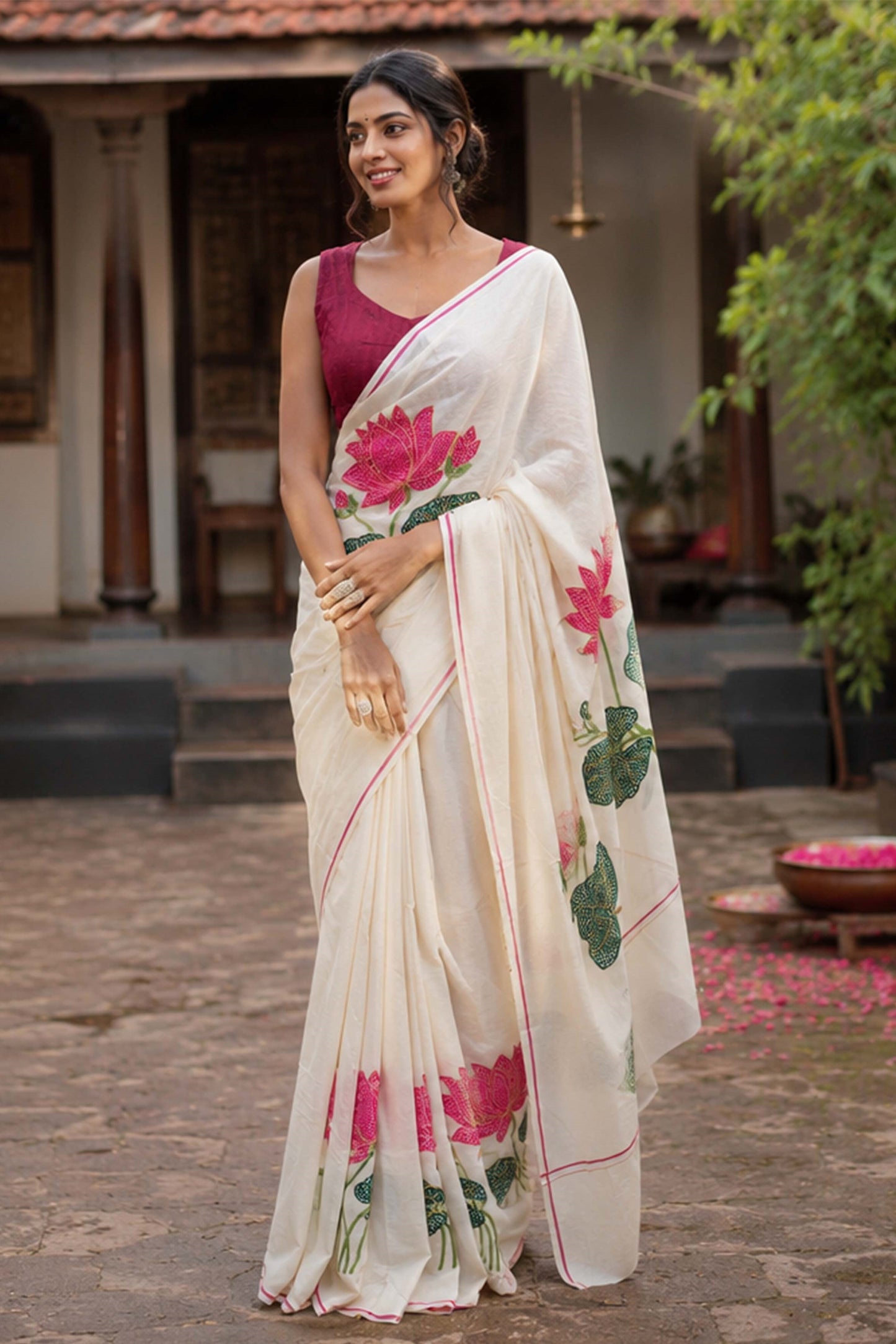 Pink Puliyilakkara Saree with Pink Border & Lotus Embroidery