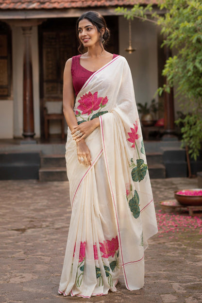 Pink Puliyilakkara Saree with Pink Border & Lotus Embroidery