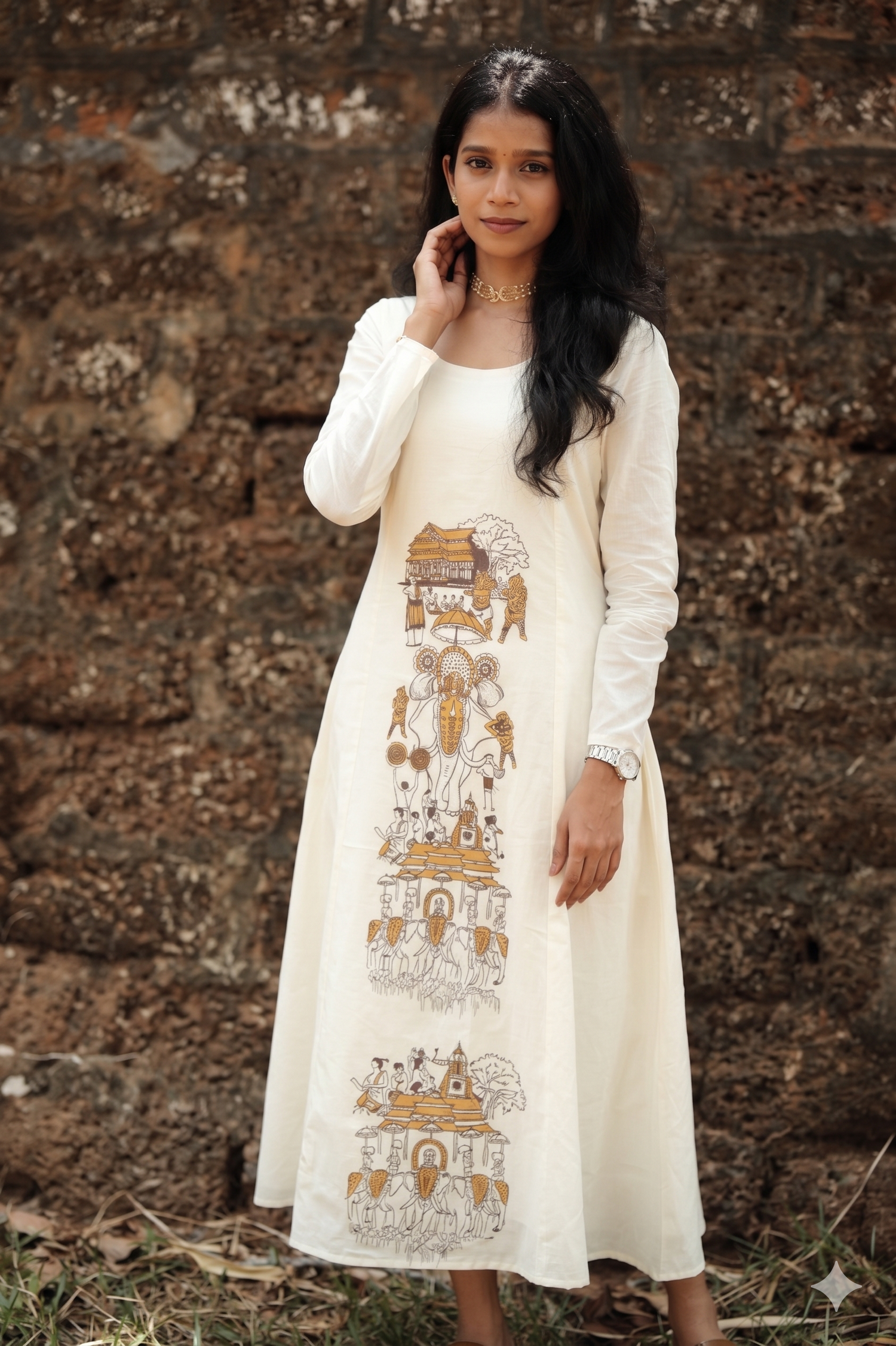 Offwhite 3 Panel Dress with Thrissur Pooram Print