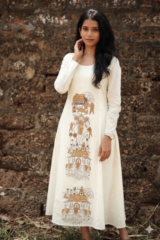 Offwhite 3 Panel Dress with Thrissur Pooram Print