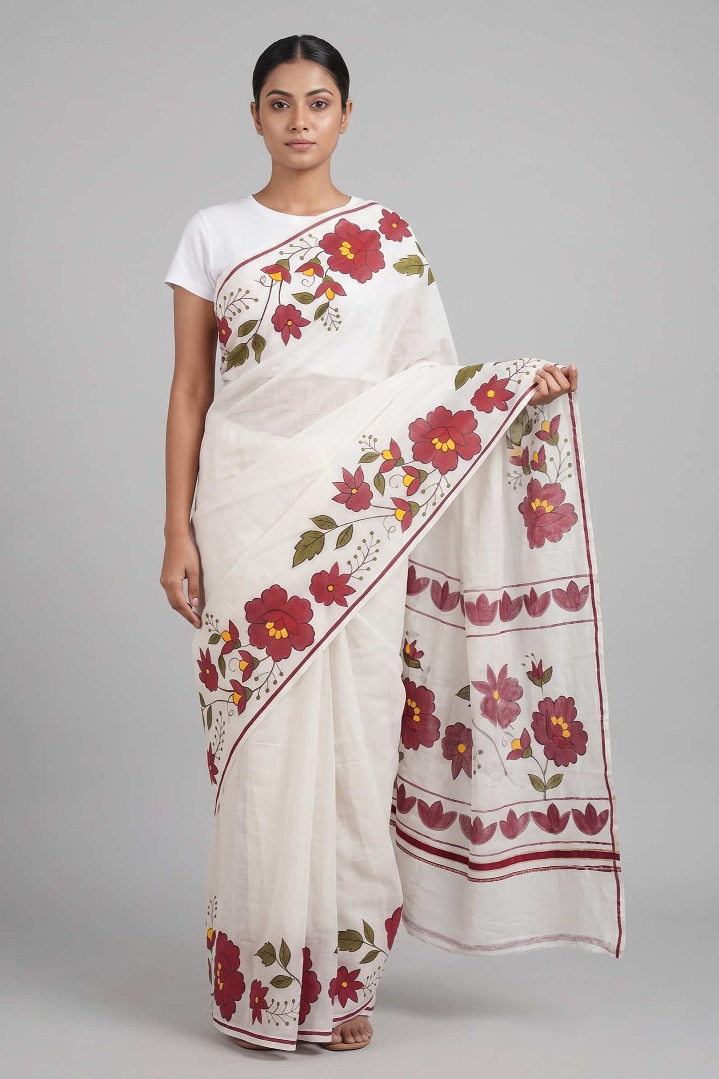Offwhite Puliyilakara Haindpainted Saree