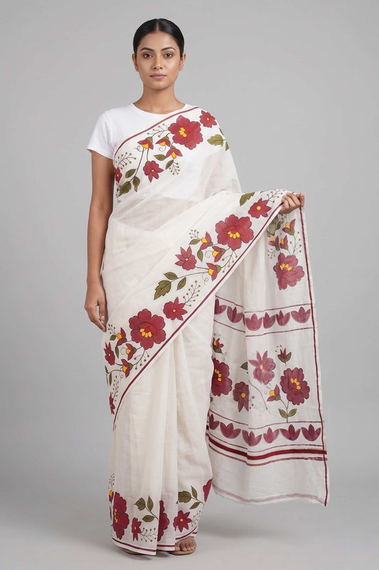 Offwhite Puliyilakara Haindpainted Saree
