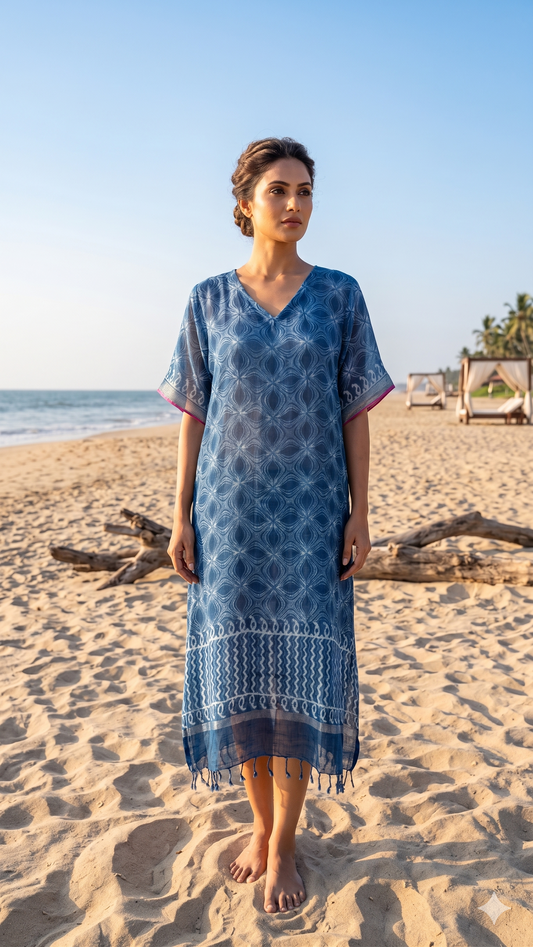Blue Indigo Linen Flexi Fitted Dress with Mul Slip