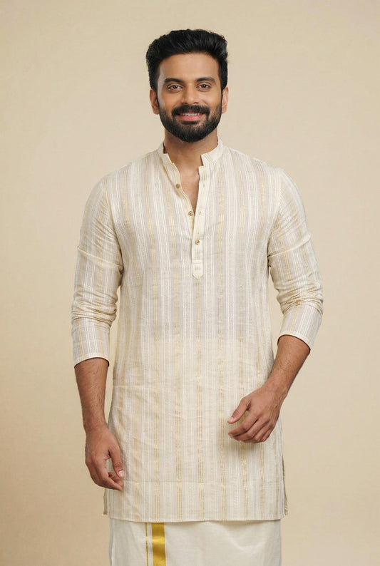 Off-white Zari Long Kurta Chinese Collar