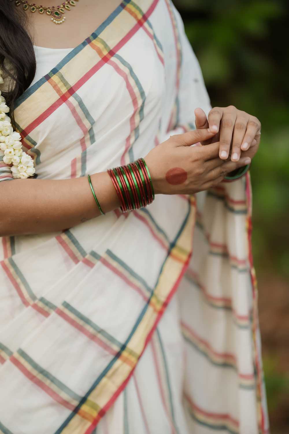 Red & Green Stripe Kerala Handloom Saree