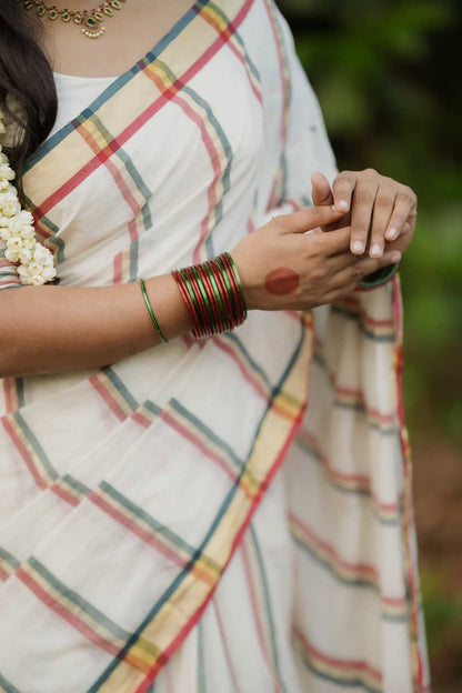 Red & Green Stripe Kerala Handloom Saree
