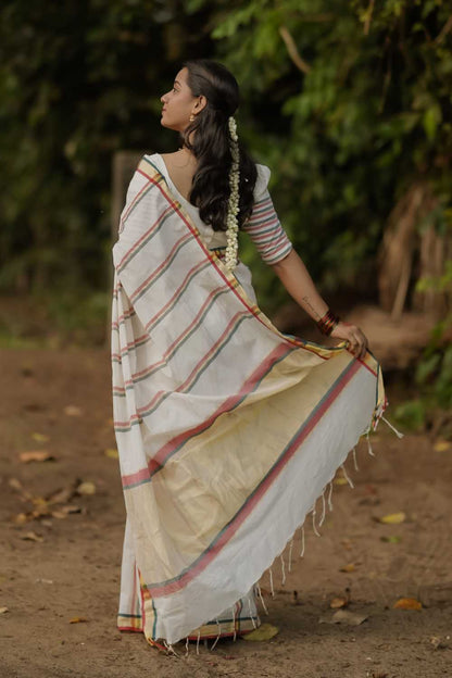 Red & Green Stripe Kerala Handloom Saree