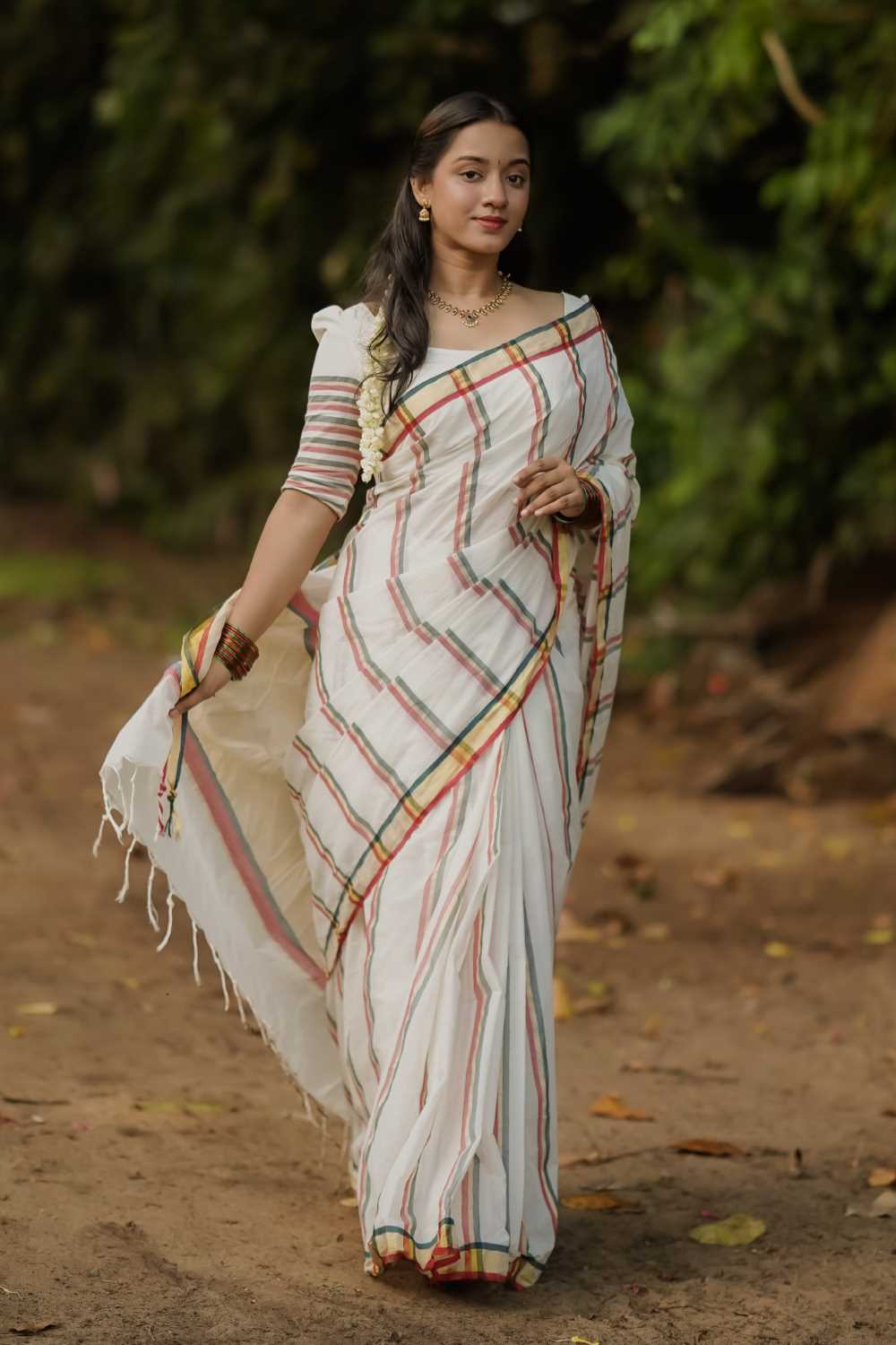 Red & Green Stripe Kerala Handloom Saree