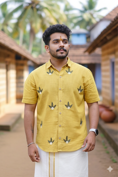 Yellow Shirt with white Flower & Leaf Embroidery